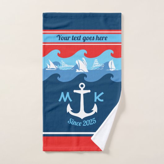 L'Ancre de monogramme ondule nautique bleu blanc (Serviette à main)