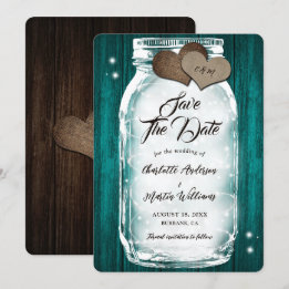 Land Blauwgroen Wood Hearts Lights Mason Jar Weddi Save The Date