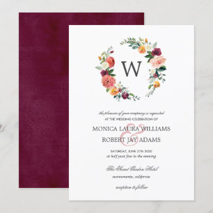 Land Bloom Autum Floral Wreath Monogram Weddenscha Kaart