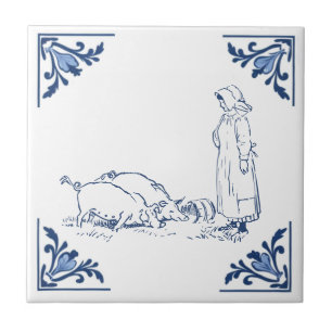 Land Boerderij Feeding Pigs Delfts Blauw Wit Tegeltje