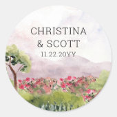 Land Bruiloft Roze Bloemenweide Ronde Sticker (Voorkant)
