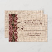 Land Burlap Maroon Red Lace Twine Wedding RSVP (Voorkant / Achterkant)