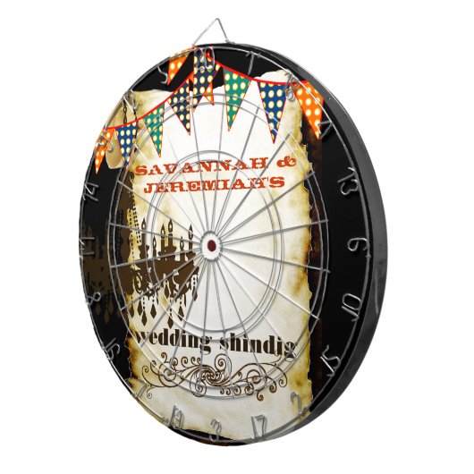 Land Chic Rustic Chandelier Wedding Dart Board Dartbord (Voorkant Rechts)