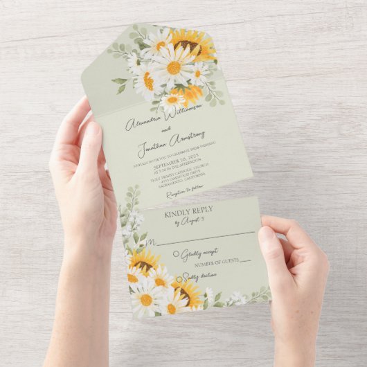 Land Daisies en Zonnebloemen op Groen All In One Uitnodiging (Afscheurbaar)