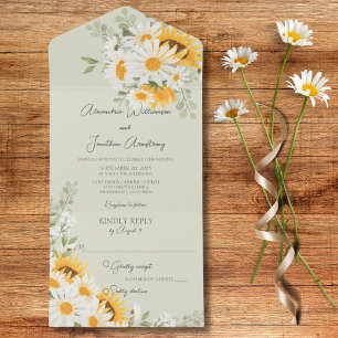 Land Daisies en Zonnebloemen op Groen All In One Uitnodiging