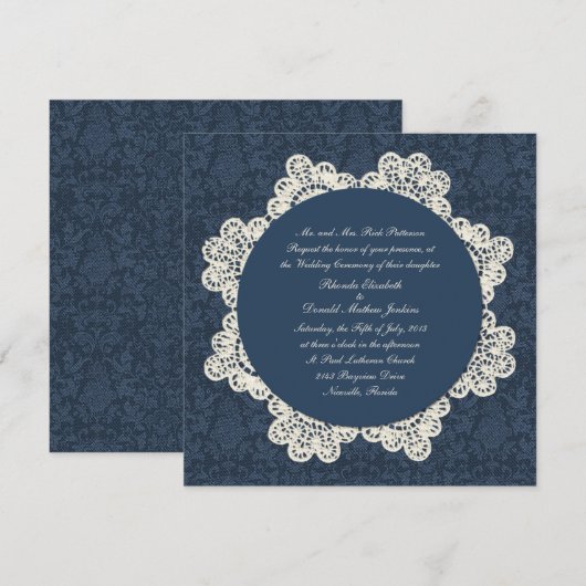 Land Denim Damask & Ivory Lace Wedding Kaart (Voorkant / Achterkant)