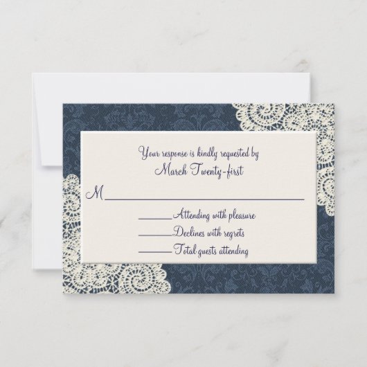 Land Denim Damask & Ivory Wedding RSVP-kaart RSVP Kaartje (Voorkant)