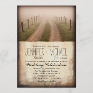 Land Dirt Road Rustic Fence Post Wedding Invite Kaart