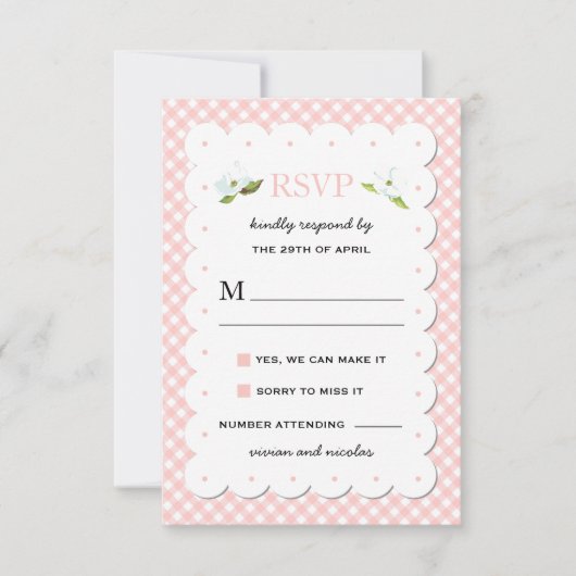 Land Floral Gingham Pink Blue Wedding RSVP (Voorkant)