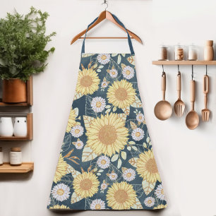 Land Floral Yellow Sunflower Navy Blue Apron Schort