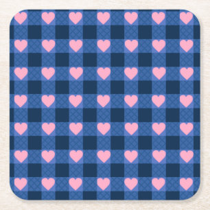 Land Gingham Blauw Roze Hart Patroon Vierkante Kartonnen Onderzetter