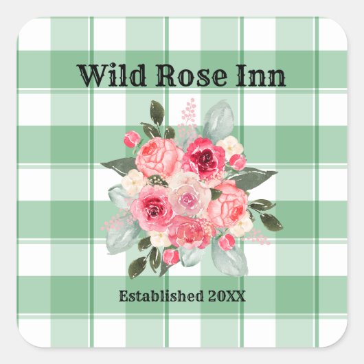 Land Gingham Wilde Rozen B & B Aangepaste boerderi Vierkante Sticker (Voorkant)