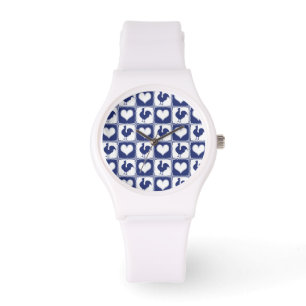 Land Rooster en Hearts Blue en White Boerderij Horloge