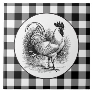 Land Rooster zwarte witte cheques tegel Tegeltje
