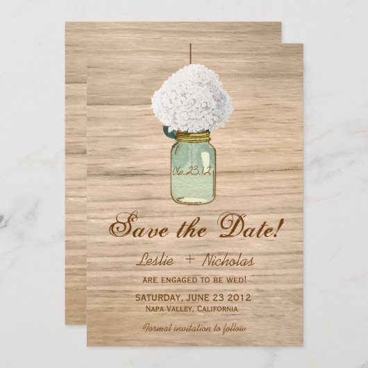 Land Rustic Mason Jar Hydrangea behalve datum Save The Date (Voorkant / Achterkant)