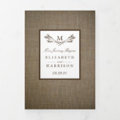 Land Rustic Monogram Branch & Burlap Wedding Drieluik Uitnodiging (Cover)