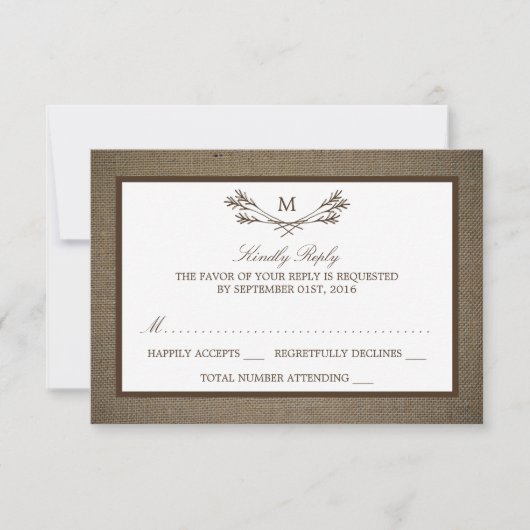 Land Rustic Monogram Branch & Burlap Wedding RSVP Kaartje (Voorkant)
