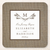 Land Rustic Monogram Branch & Burlap Wedding Vierkante Kartonnen Onderzetter (Voorkant)