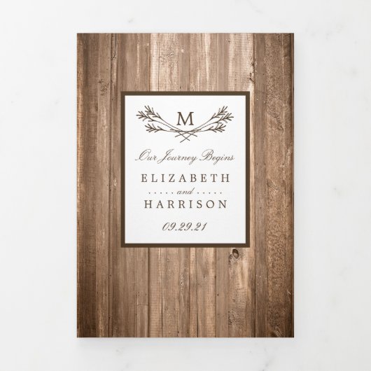 Land Rustic Monogram Branch & Wood Weddenschap Drieluik Uitnodiging (Cover)