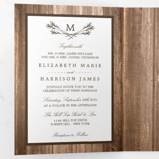 Land Rustic Monogram Branch & Wood Weddenschap Drieluik Uitnodiging (Binnenzijde eerst)