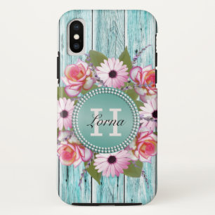 Land Rustic PInk Flora Barn Wood Monogram iPhone X Hoesje