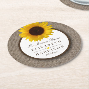 Land Rustic Sunflower & Burlap Wedding Ronde Kartonnen Onderzetter