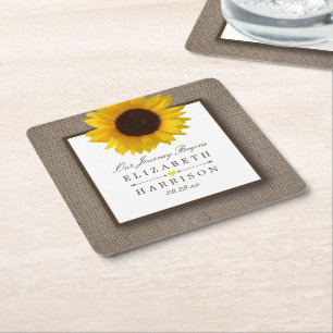 Land Rustic Sunflower & Burlap Wedding Vierkante Kartonnen Onderzetter