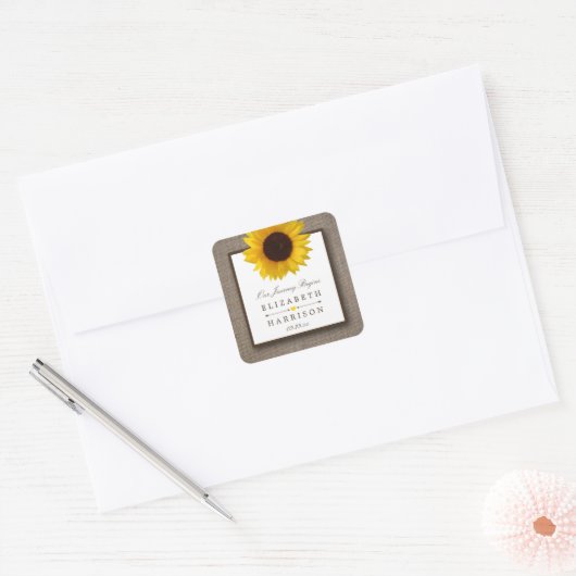 Land Rustic Sunflower & Burlap Wedding Vierkante Sticker (Envelop)