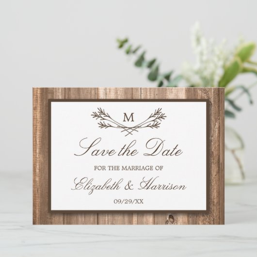 Land Rustic Wood Monogram Branch Save the Date (Staand voorkant)