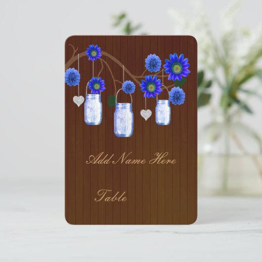 Land Rustige Blue Mason Jars Table Place Card Kaart (Staand voorkant)