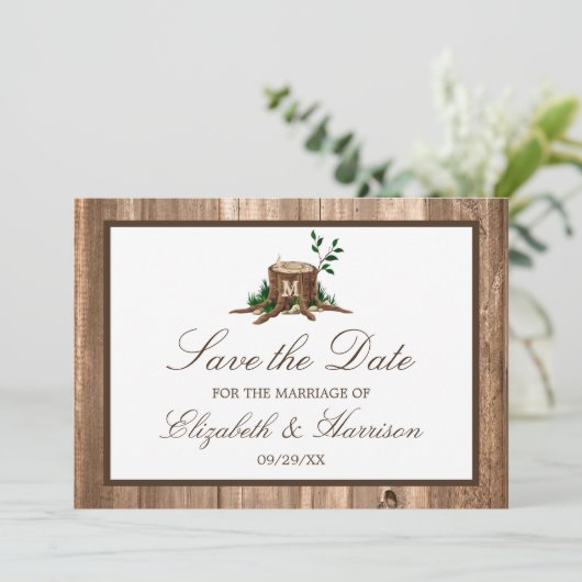 Land Rustige houtmonogram sparen de datum Save The Date (Staand voorkant)