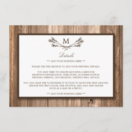 Land Rustige Monogram Branch & houdetail Card Informatiekaartje (Voorkant)