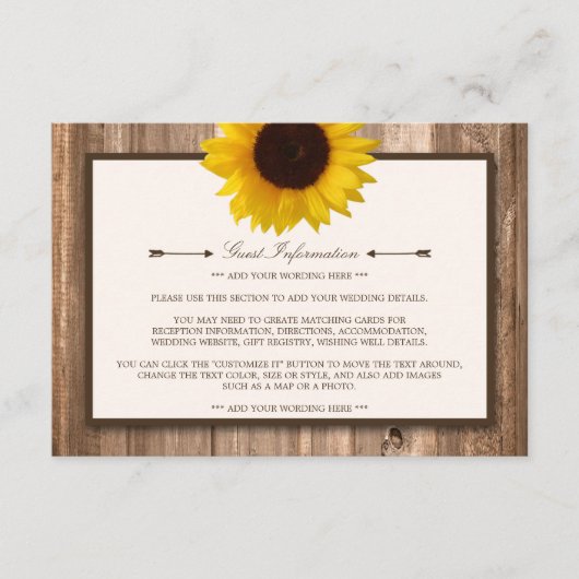 Land Rustige zonnebloem & bruinwoudhuwelijk Informatiekaartje (Voorkant)