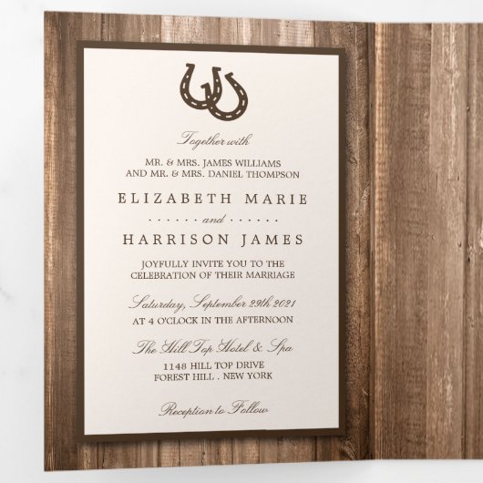 Land Rustisch Hoefijzer en bruin hout Drieluik Uitnodiging (Binnenzijde eerst)