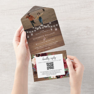 Land Rustisch hout en Floral Wedding QR Code Foto All In One Uitnodiging