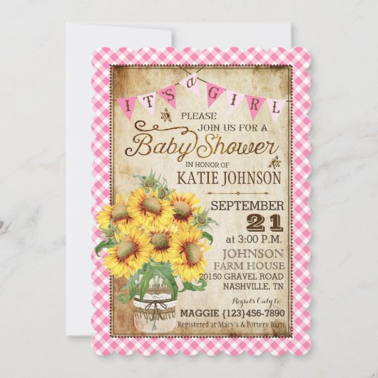 Land Sunflower en Gingham Check Baby shower Kaart (Voorkant)
