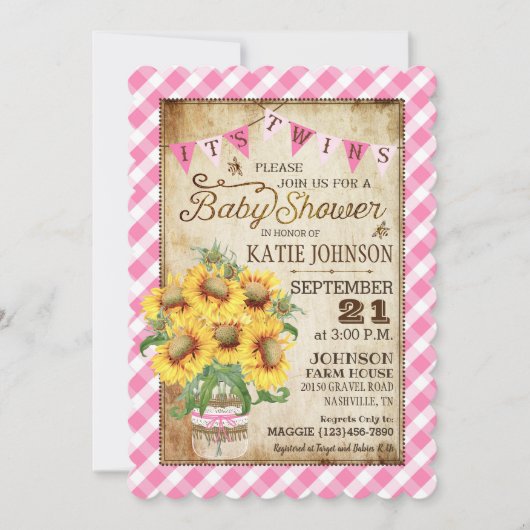 Land Sunflower Gingham Check Twins Baby shower Kaart (Voorkant)