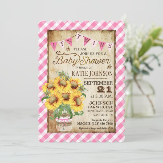 Land Sunflower Gingham Check Twins Baby shower Kaart (Staand voorkant)