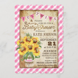 Land Sunflower Gingham Check Twins Baby shower Kaart