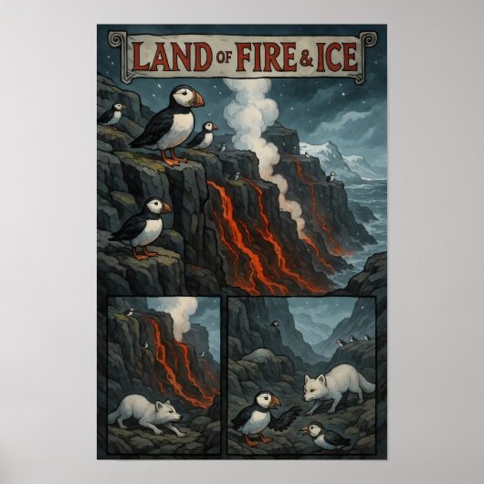 Land van Vuur & IJs - Puffins, Lava & Arctic Fox Poster (Voorkant)