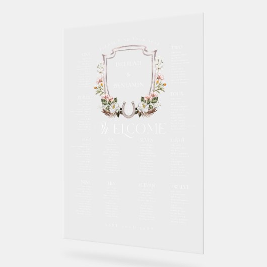 Land Western Bloemen Crest Bruiloft Zitkaarten Acryl Bord (Hoek)