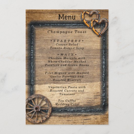 Land Westerne bruiloft Twig Lijst Wagon Wheel Menu (Voorkant)