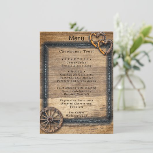 Land Westerne bruiloft Twig Lijst Wagon Wheel Menu (Staand voorkant)