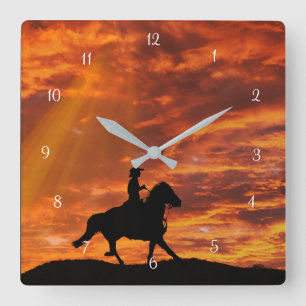 Land Westerne cowboy en paard op zonsondergang Vierkante Klok