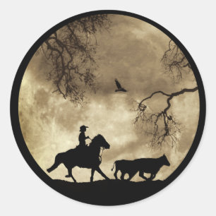 Land Westerne Cowboy Steer Ronde Volledige Moon Sticker