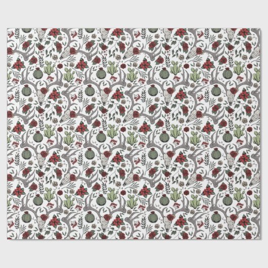 Land Westerne Kerst Bloemen Rendier Schedel Cadeaupapier (Vlak)