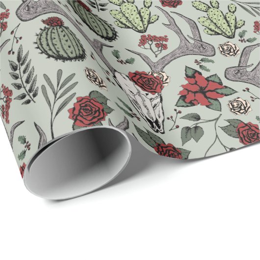 Land Westerne Kerst Bloemen Rendier Schedel Cadeaupapier (Rol Hoek)