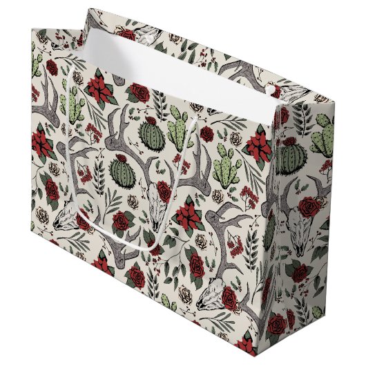 Land Westerne Kerst Bloemen Rendier Schedel Groot Cadeauzakje (Voorkant Gekanteld)