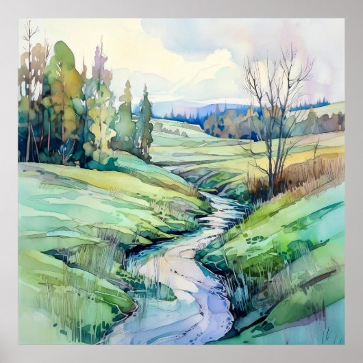 Land Zomerlandschap Waterverf Poster (Voorkant)