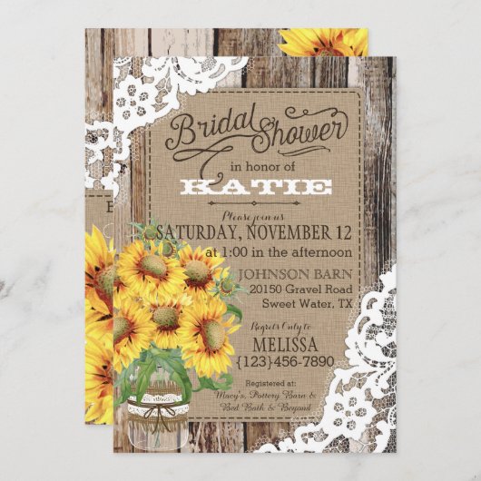 Land Zonnebloem Hout Kant Rustiek Vrijgezellenfees Kaart (Voorkant / Achterkant)